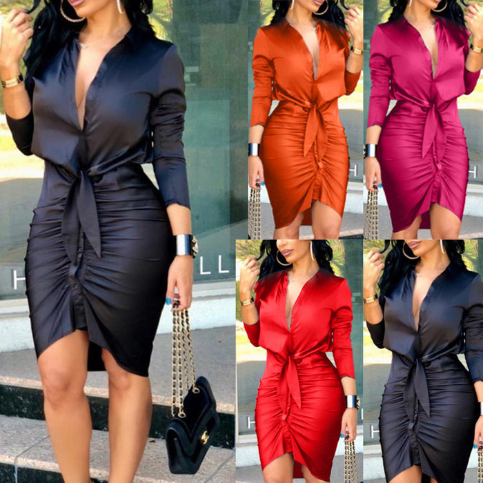 Women's Lace-Up Midi Shirt Dress - Long Sleeve Party Dress