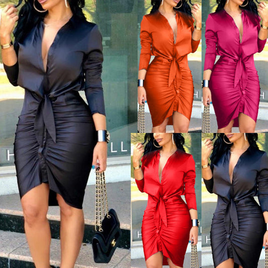 Women's Lace-Up Midi Shirt Dress - Long Sleeve Party Dress