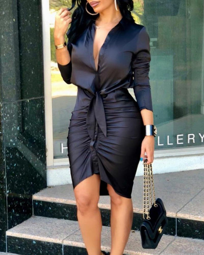 Women's Lace-Up Midi Shirt Dress - Long Sleeve Party Dress