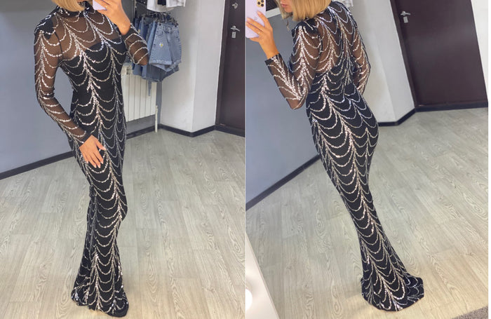 Women's Sequin Maxi Dress - Long Sleeve Party Dress