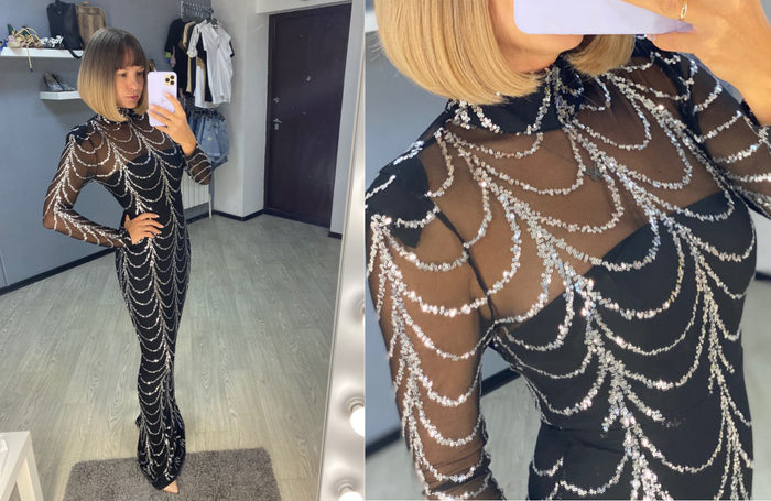 Women's Sequin Maxi Dress - Long Sleeve Party Dress