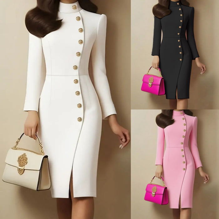 Women's Stand Collar Dress - Long Sleeve Button Front Dress