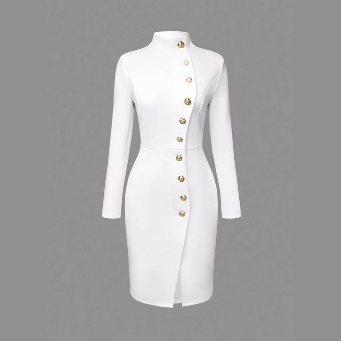 Women's Stand Collar Dress - Long Sleeve Button Front Dress