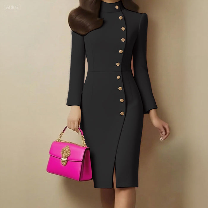 Women's Stand Collar Dress - Long Sleeve Button Front Dress