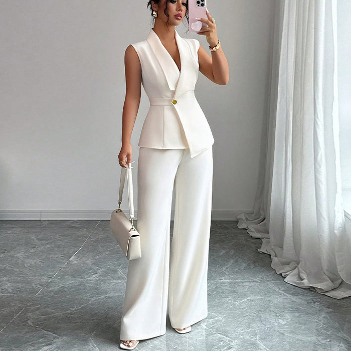 Women's Vest & Pants Suit Set - Sleeveless Top & Straight Leg Trousers