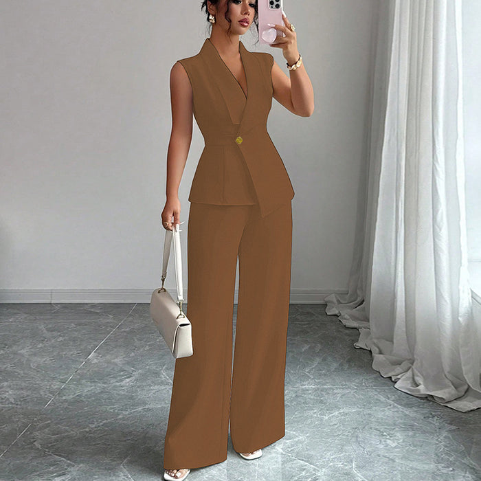 Women's Vest & Pants Suit Set - Sleeveless Top & Straight Leg Trousers