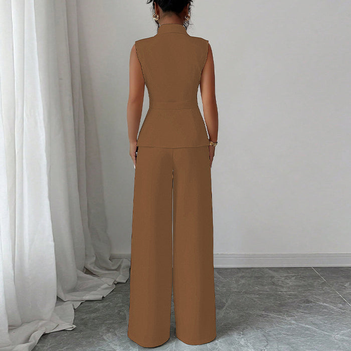 Women's Vest & Pants Suit Set - Sleeveless Top & Straight Leg Trousers