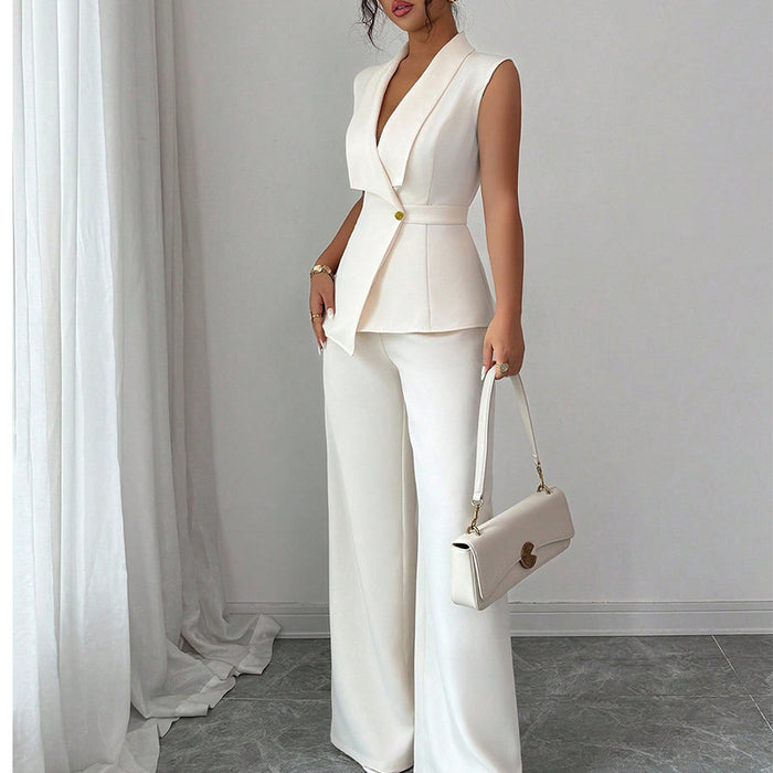 Women's Vest & Pants Suit Set - Sleeveless Top & Straight Leg Trousers