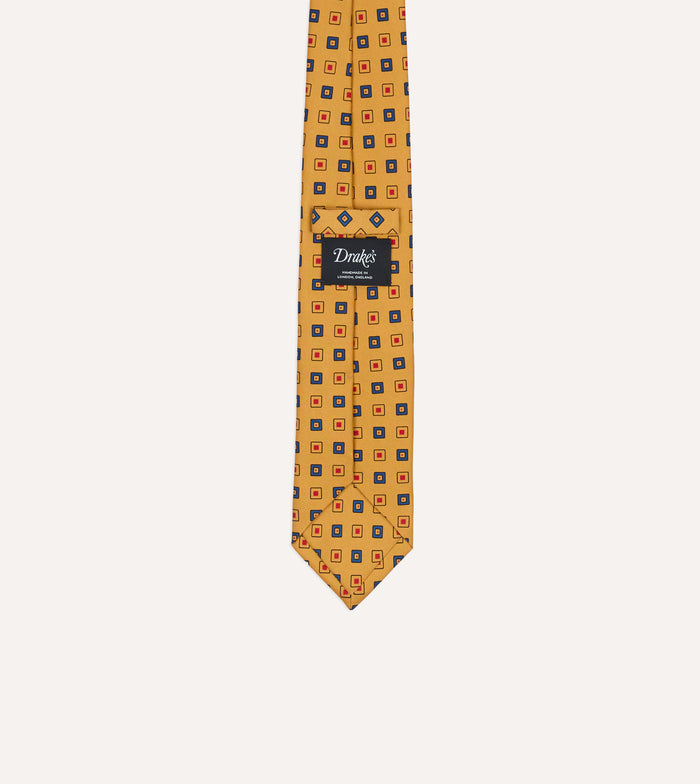 Yellow Geometric Diamond Print Silk Self-Tipped Tie